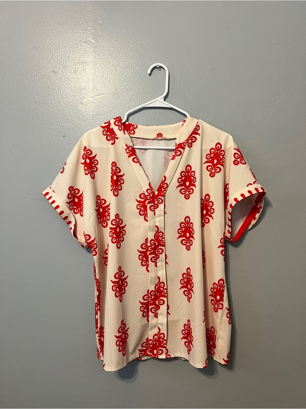 SHEIN Cream Blouse with Red Floral Medallions
